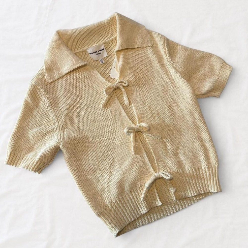 Willow & Wind Ivory Cotton Tie-Front Ribbed Cardigan Short Sleeve XS